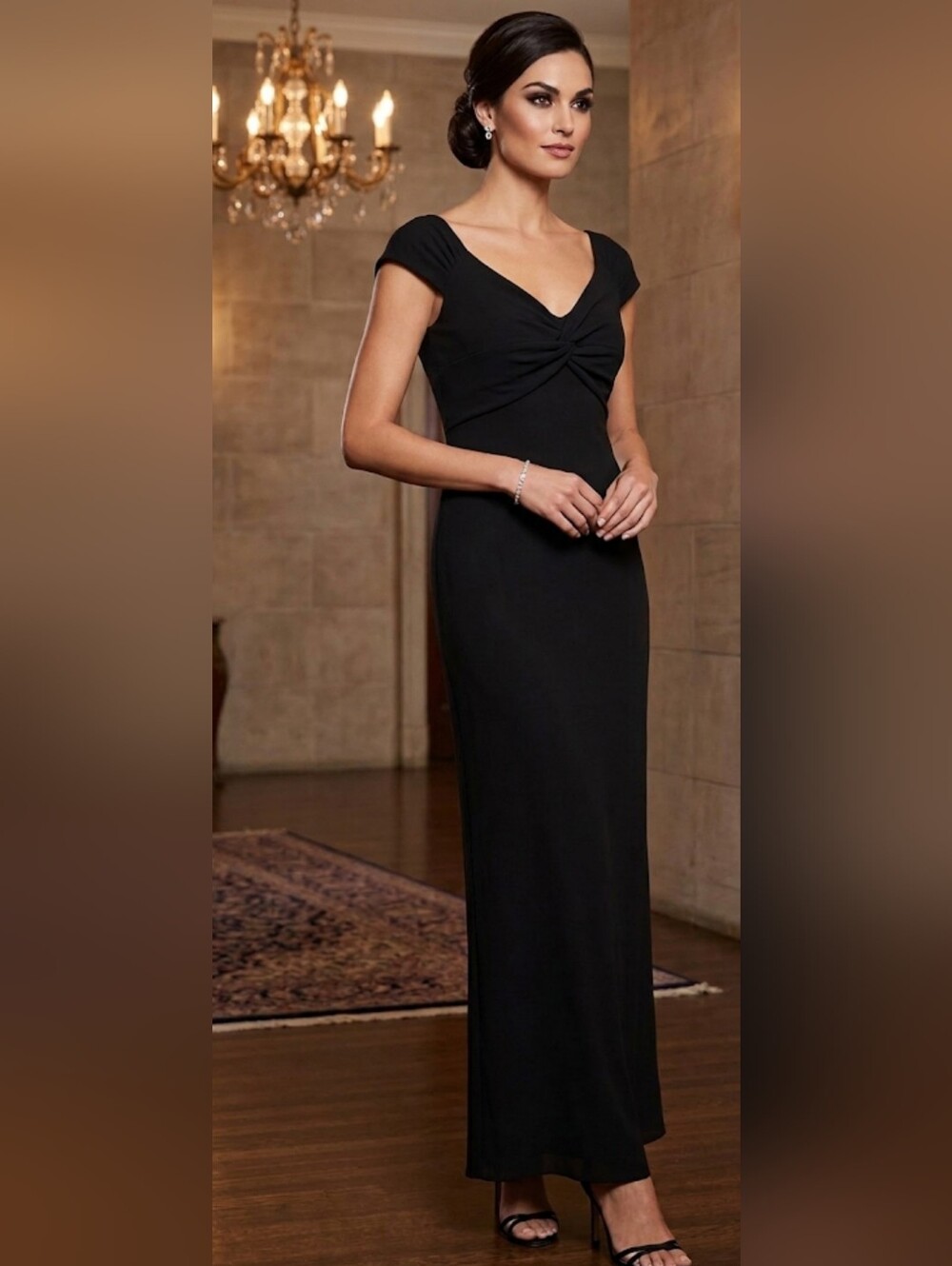 David Meister Black Twist Bust Cap Sleeve Maxi Gown Dress Size 2 Formal